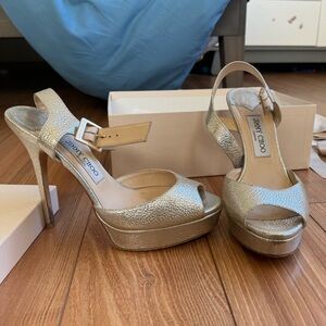 Used Jimmy Choo Linda Glitter Leather Champagne 38 1/2 Wedding shoes